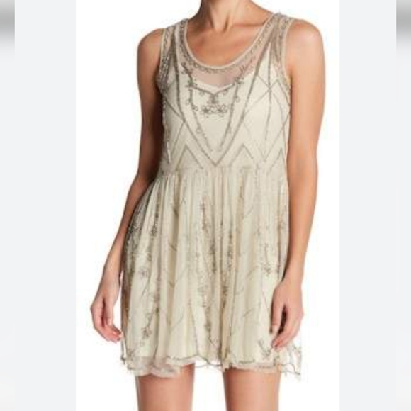 Free People Sheer Mesh Beaded Art Deco Mini Dress Sleeveless Eras Boho Large - Picture 15 of 15